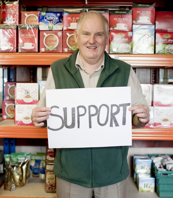 Man holding a sign saying 'support'